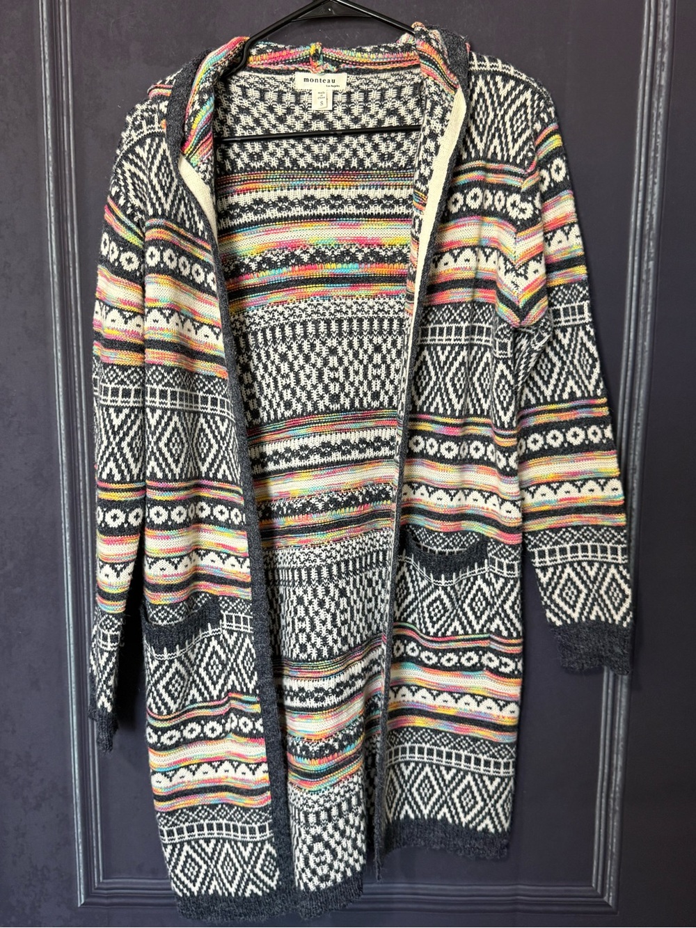 NWOT Monteau Black & Cream Hooded Knit Cardigan with Multicolor Stripes